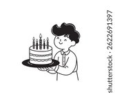 birthday vector image, happy birthday linear vector image, men bring birthday cake vector illustration, simple black and white birthday boy vector image.