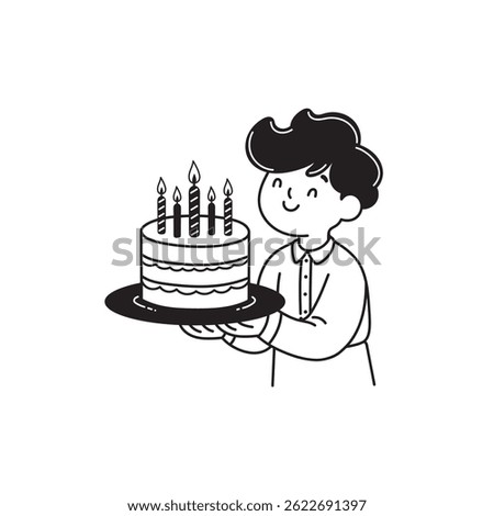 birthday vector image, happy birthday linear vector image, men bring birthday cake vector illustration, simple black and white birthday boy vector image.