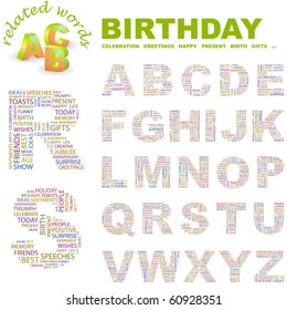 BIRTHDAY. Vector letter collection. Illustration with different association terms.