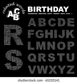 BIRTHDAY. Vector letter collection. Illustration with different association terms.