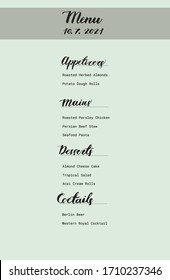 Birthday vector menu tepmlate design. with hand-drawn lettering graphic. Cocktails, mains, desserts, appetizers.