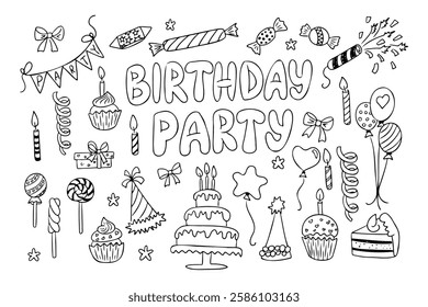 Birthday vector party doodle with cake, candles, balloons, cupcakes, lollipops, party hats, bows, fireworks, and confetti in black and white hand drawn style, perfect for coloring pages