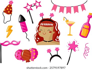 Birthday Vector party . New Year and Christmas eve. December party. Celebrating winter holidays. Happy birthday pink cartoon set