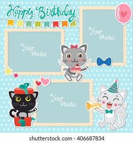 Birthday Vector Photo Frames With Cute Cats. Decorative Template For Baby, Family Or Memories. Scrapbook Vector Illustration. Birthday Children's Photo Framework. 