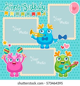 Birthday Vector Photo Frames With Cute Monsters Musicians. Decorative Template For Baby, Family Or Memories. Scrapbook Vector Illustration. Birthday Children's Photo Framework. 