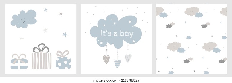 Birthday vector postcards set with sleeping cats, rainbow and moon. Cute decoration paintings for kid child postcards