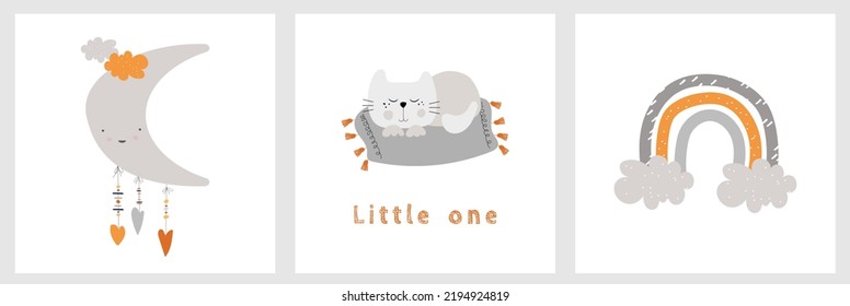 Birthday vector postcards set with sleeping cats, rainbow and moon. Cute decoration paintings for kid child postcards