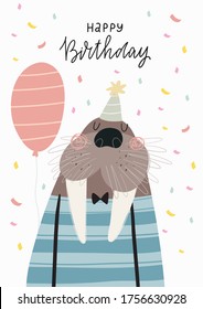Afiche vectorial de cumpleaños con morsa de marinero linda. 