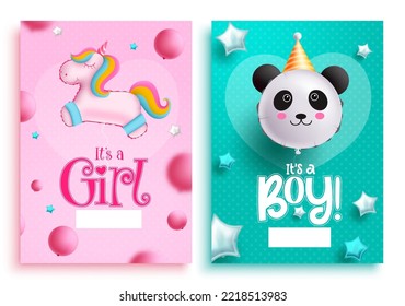 Birthday vector poster set design. Baby shower gender reveal girl or boy decoration with unicorn and panda balloons in pink and green background. Vector Illustration.