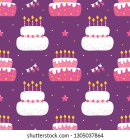 Birthday vector seamless pattern background with cakes with lighting candles and cute party decorations.