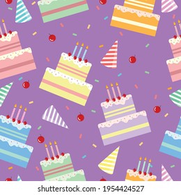 Birthday vector seamless pattern. Beautiful colorful birthday cakes with candles. Cherries, birthday hats and colorful cakes texture for printing on textiles, wrapping paper for gift packaging.