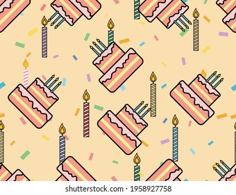 Birthday vector seamless pattern. Beautiful colorful birthday cakes with candles. Cherries, birthday hats and colorful cakes texture for printing on textiles, wrapping paper for gift packaging. 