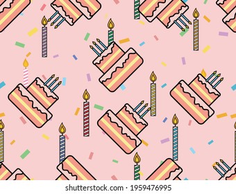 Birthday vector seamless pattern. Beautiful colorful birthday cakes with candles. Cherries, birthday decorations confetti and cakes texture for printing on textiles, wrapping paper for gift packaging