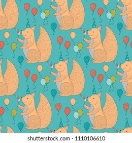 Birthday vector seamless pattern with cheerful cute squirrel. Detailed greeting illustration with balloons and animals.