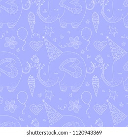 Birthday vector seamless pattern with cheerful cute elephant. Outline greeting illustration on a blue background.