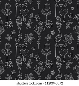 Birthday vector seamless pattern. Cute greeting outline illustration with doodle party symbols.