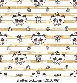 Birthday Vector Seamless pattern with Cute Baby Panda. Endless wallpaper with Pandas, gifts. Hand Drawn Doodle Funny Black and White Bear. Background for kids