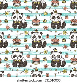Birthday Vector Seamless pattern with Cute Baby Panda. Endless wallpaper with Pandas, celebratory cake, gifts, fireworks. Hand Drawn Doodle Funny Black and White Bear. Background for kids
