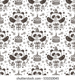 Birthday Vector Seamless pattern with Cute Baby Panda. Endless wallpaper with Pandas, celebratory cake, gifts, fireworks. Hand Drawn Doodle Funny Black and White Bear. Background for kids
