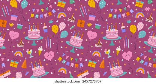 Birthday vector seamless pattern. Different party objects, colorful holiday items, gift, cake, balloon and garlands