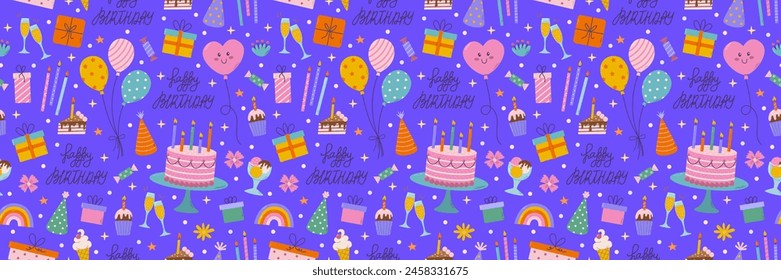 Birthday vector seamless pattern. Different party objects, colorful holiday items, gift, cake, balloon