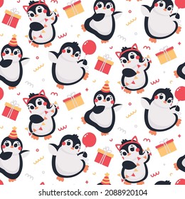 Birthday vector seamless pattern with funny dancing penguins in birthday caps with confetti, garland, gifts, balloons. Celebratory holiday party wallpaper