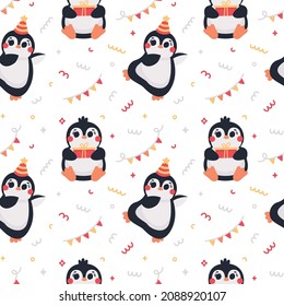 Birthday vector seamless pattern with funny dancing penguins in birthday caps with confetti, garland, gifts, balloons. Celebratory holiday party wallpaper