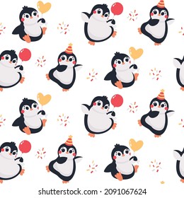 Birthday vector seamless pattern with funny dancing penguins with balloons in birthday caps with confetti, garland, gifts. Celebratory holiday party wallpaper