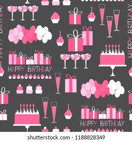 Birthday vector  seamless pattern with gifts, balloons and cake.  Pink colors. 