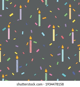 Birthday vector seamless pattern on dark background. Birthday party and holiday background. Confetti and candles texture. Gift wrapping paper wallpaper textile fabric prints.