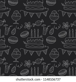Birthday vector seamless pattern with party sweets. Outline greeting illustration with cakes; candles, macarons and other tasty cookies.