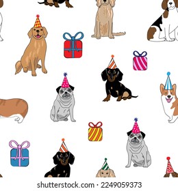 Birthday vector seamless repeat pattern with different dog breeds wearing party hats among gift boxes and presents