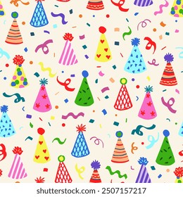 Birthday vector seamless repeat pattern with rainbow party hats and colorful confetti on cream background. Birthday party wrapping paper, cards, gift bags, kids packaging projects, wallpaper