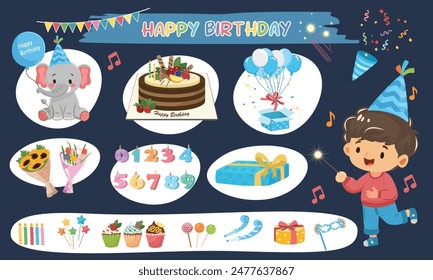 Birthday vector set for boy. Birthday element. Happy birthday. Birthday cake, flower, gift, present, candle, cupcake. conffeti, Flat vector in cartoon style isolated on.