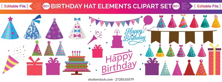 Conjunto de Vector de cumpleaños con pasteles, globos, sombreros de fiesta, confeti, regalos, decoraciones, letras escritas a mano "Es mi cumpleaños", Elementos festivos para diseños de celebración.