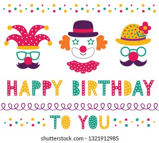 Birthday vector set, clown party props and lettering