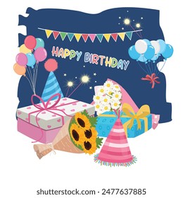 Birthday vector set. Birthday element clipart. Gift box, present, party hat, flower bouquet, balloon. Flat vector in cartoon style isolated on dark background.