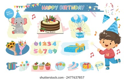 Set de Vector de cumpleaños. Elemento de cumpleaños. Feliz cumpleaños. Tarta de cumpleaños, flor, regalo, presente, vela, cupcake. conffeti, Vector plano en estilo de dibujos animados aislado sobre fondo blanco.