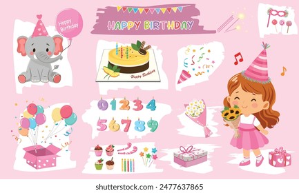 Birthday vector set for girl. Birthday element. Happy birthday. Birthday cake, flower, gift, present, candle, cupcake. conffeti, Flat vector in cartoon style isolated on pink background.