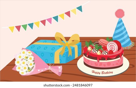 Birthday vector set, including birthday cake, flower bouquet, gift box, party hat. Birthday set on wood table. Flat vector in cartoon style isolated.