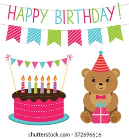 Birthday vector set with a teddy bear and cake
