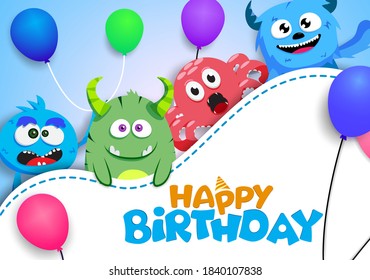 Birthday vector template design. Happy birthday text with scary cute character creature like devil and octopus for kids party celebration design.  Vector illustration.