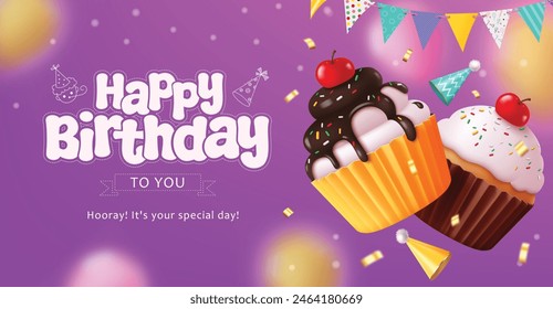 Birthday vector template design. Happy birthday greeting text with chocolate cup cake, cherry, streamers and confetti decoration elements in blurred purple background. Vector illustration birthday 