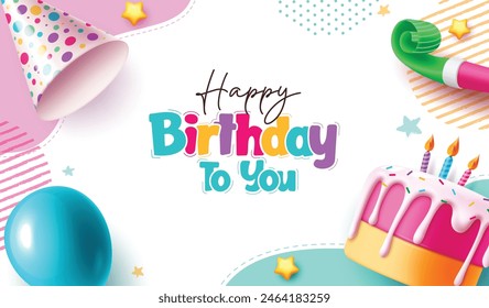 Birthday vector template design. Happy birthday greeting text with party hat, balloon, cake and whistle decoration elements in abstract background. Vector illustration birthday invitation template. 
