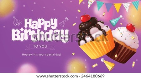 Birthday vector template design. Happy birthday greeting text with chocolate cup cake, cherry, streamers and confetti decoration elements in blurred purple background. Vector illustration birthday 