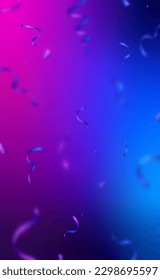 Birthday vertical banner. Disco party backdrop. Violet party Confetti. Ribbons motion blur effect. Fluid neon wallpaper.