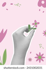 Birthday vertical collage background. Poster template with hand and flower. Summer social media card with decoration. Vector illustration.
