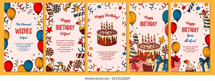 Birthday vertical greeting card. Poster with hand drawn elements. Celebration social media stories  template. Vector illustration in sketch style