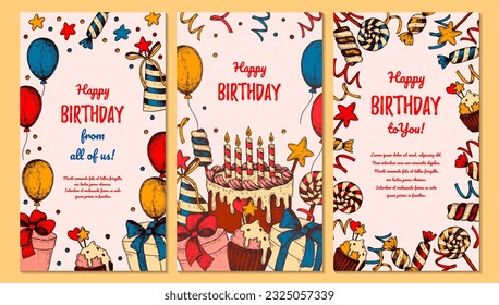 Birthday vertical greeting card. Poster with hand drawn elements. Celebration social media stories  template. Vector illustration in sketch style