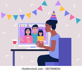 Birthday video call. Young woman accepts congratulations or wishes happy birthday. Colorful flat vector illustration.